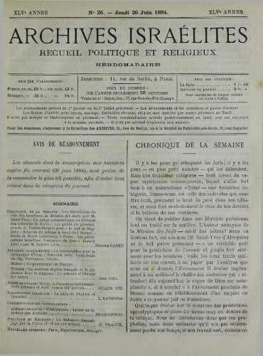 Archives israélites de France. Vol.45 N°26 (26 juin 1884)
